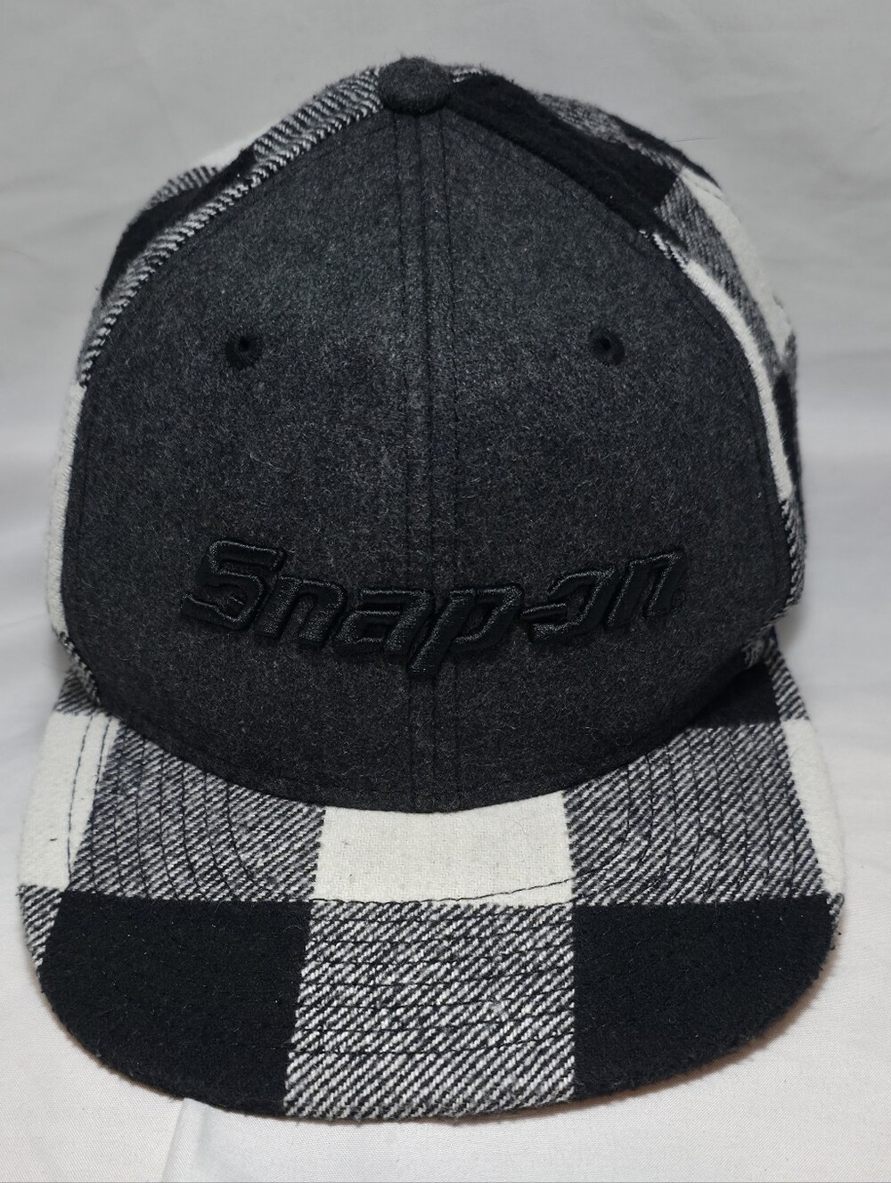 Snap On Wool Blend Plaid Snapback Hat Black, White, Gray